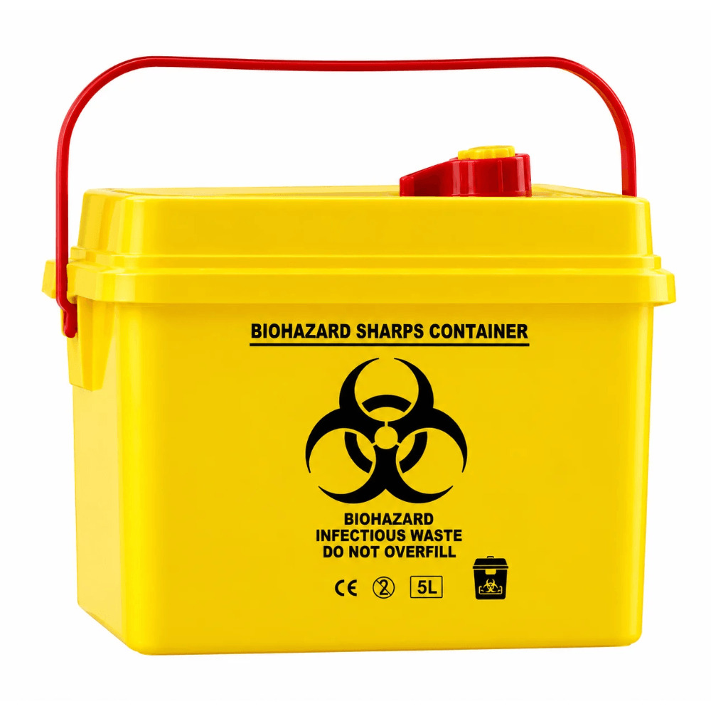 Disposable Sharps Container, Square, with Carry Handle, for Needles and Sharp Medical Waste, 5 L