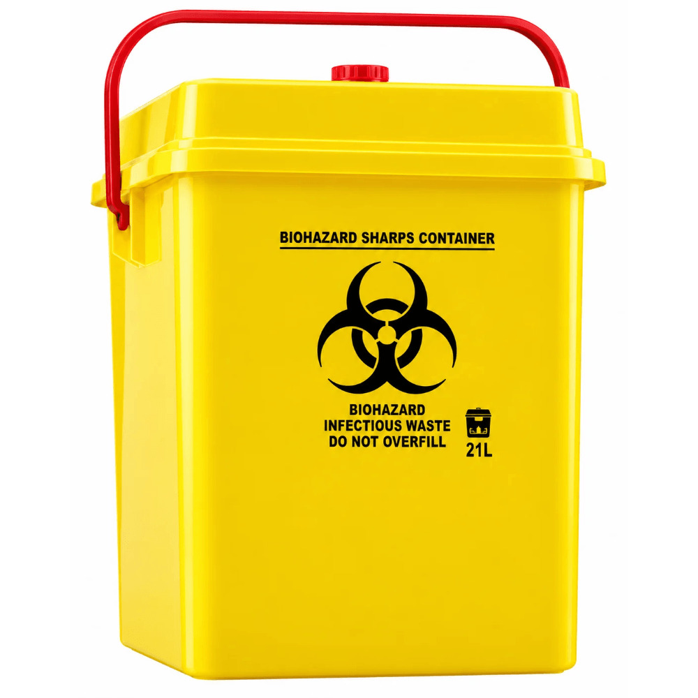 Disposable Sharps Container, Square, with Carry Handle, for Needles and Sharp Medical Waste, 21 L