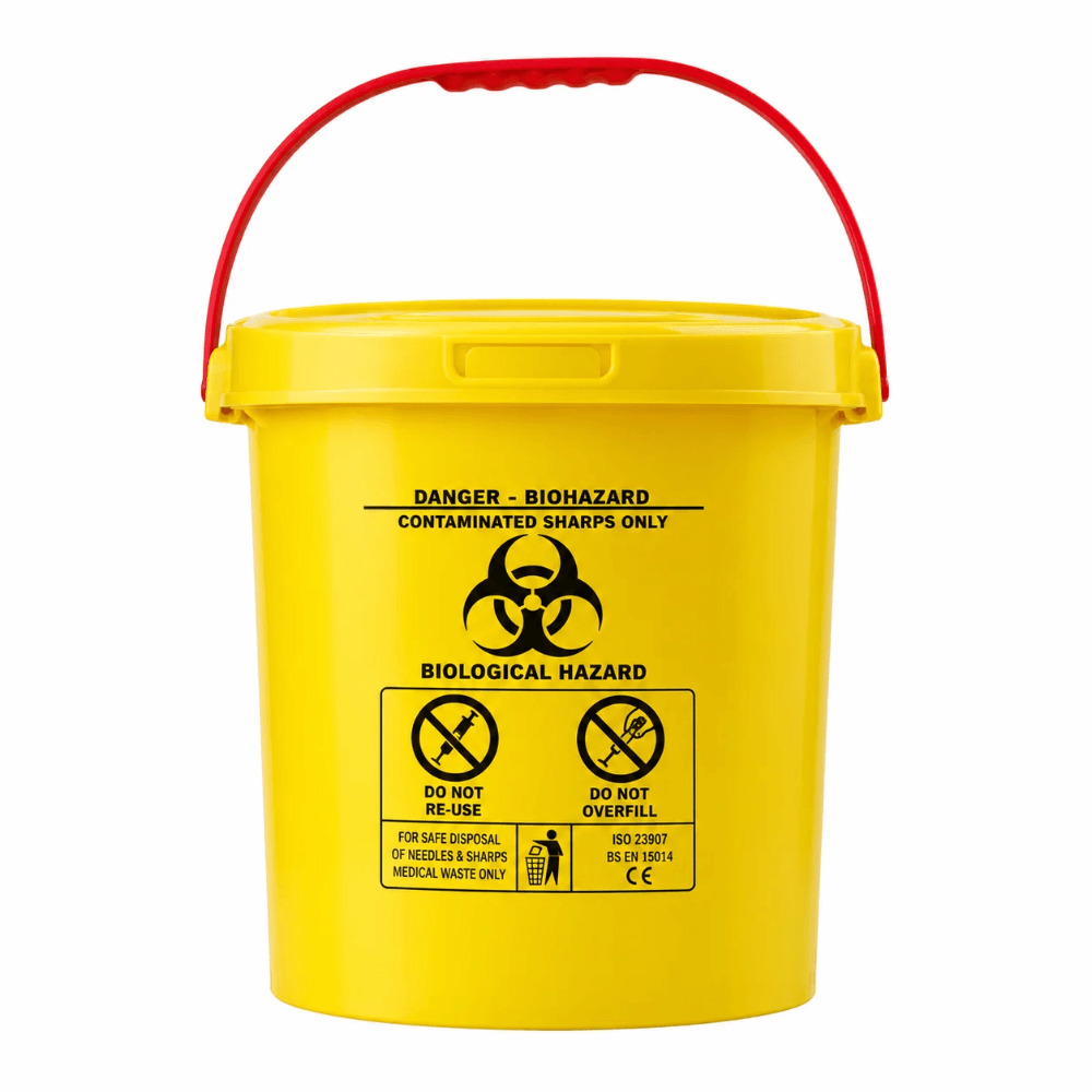 Disposable Sharps Container, Round, with Carry Handle, for Needles and Sharp Medical Waste, Yellow, 13 L