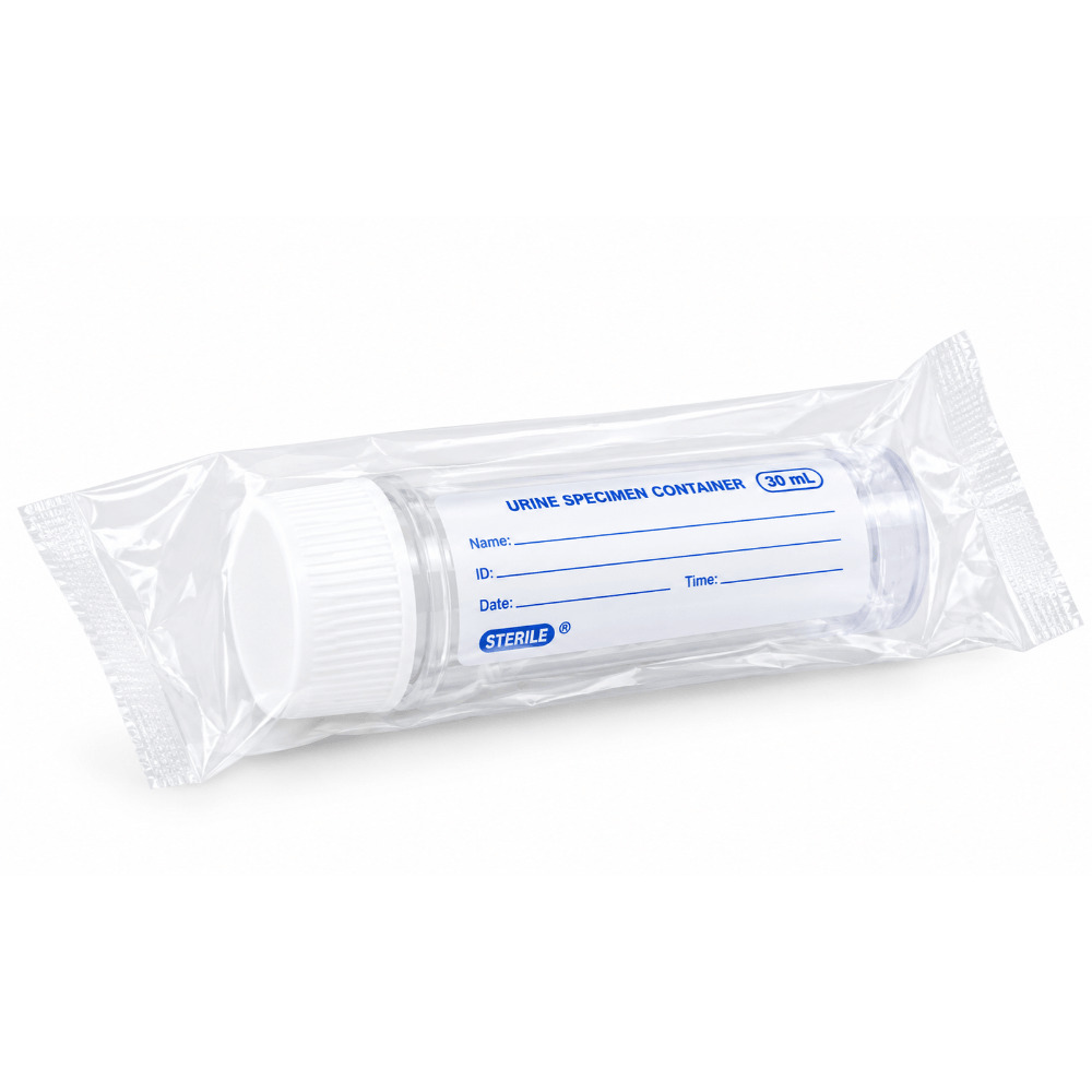 Disposable Urine Specimen Container with Cap, for Laboratory Sample Collection, Packed in Plastic Bag, 30 ml