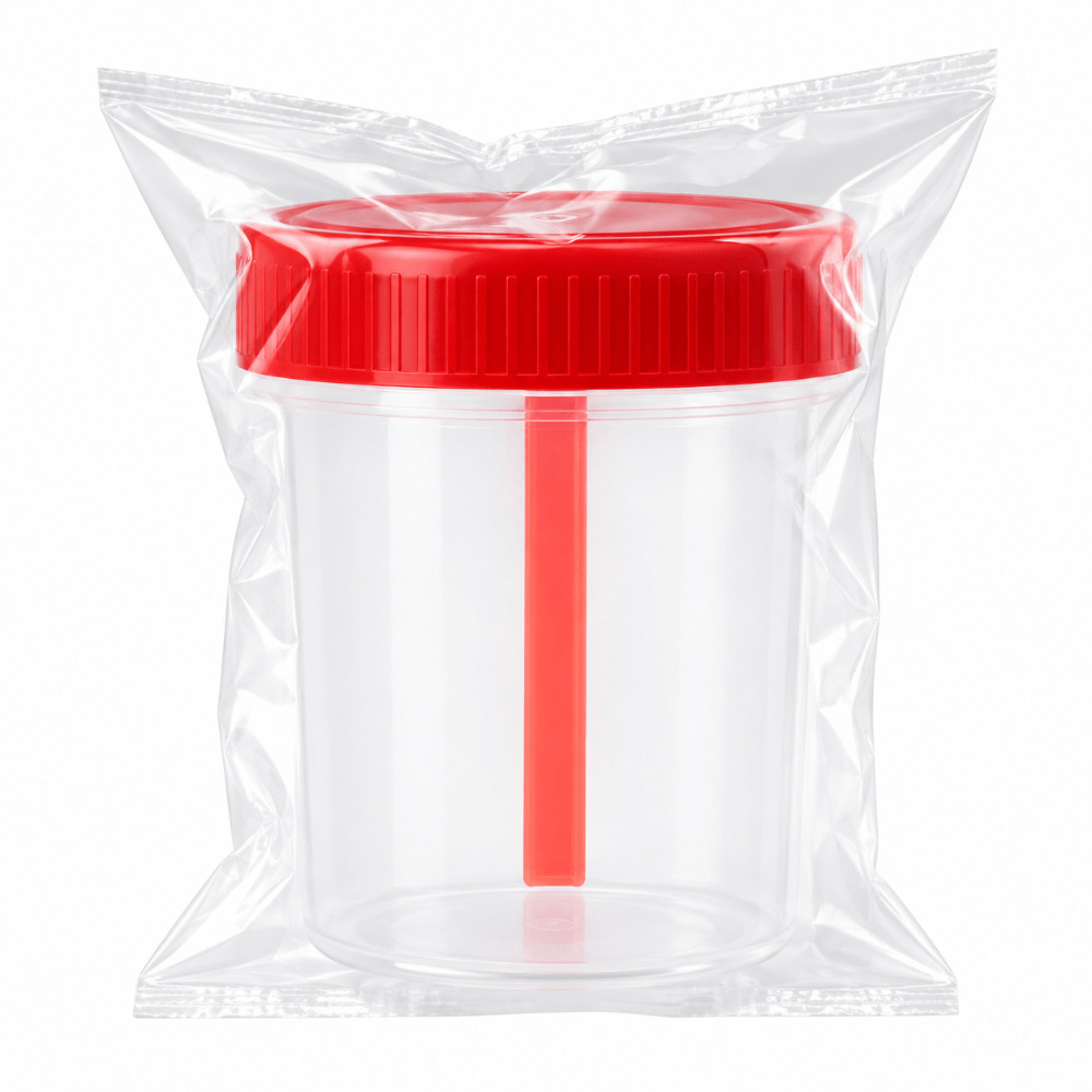 علبة عينة براز للاستخدام مرة واحدة بغطاء، لجمع العينات المخبرية، مغلفة في كيس بلاستيكي، 120 مل