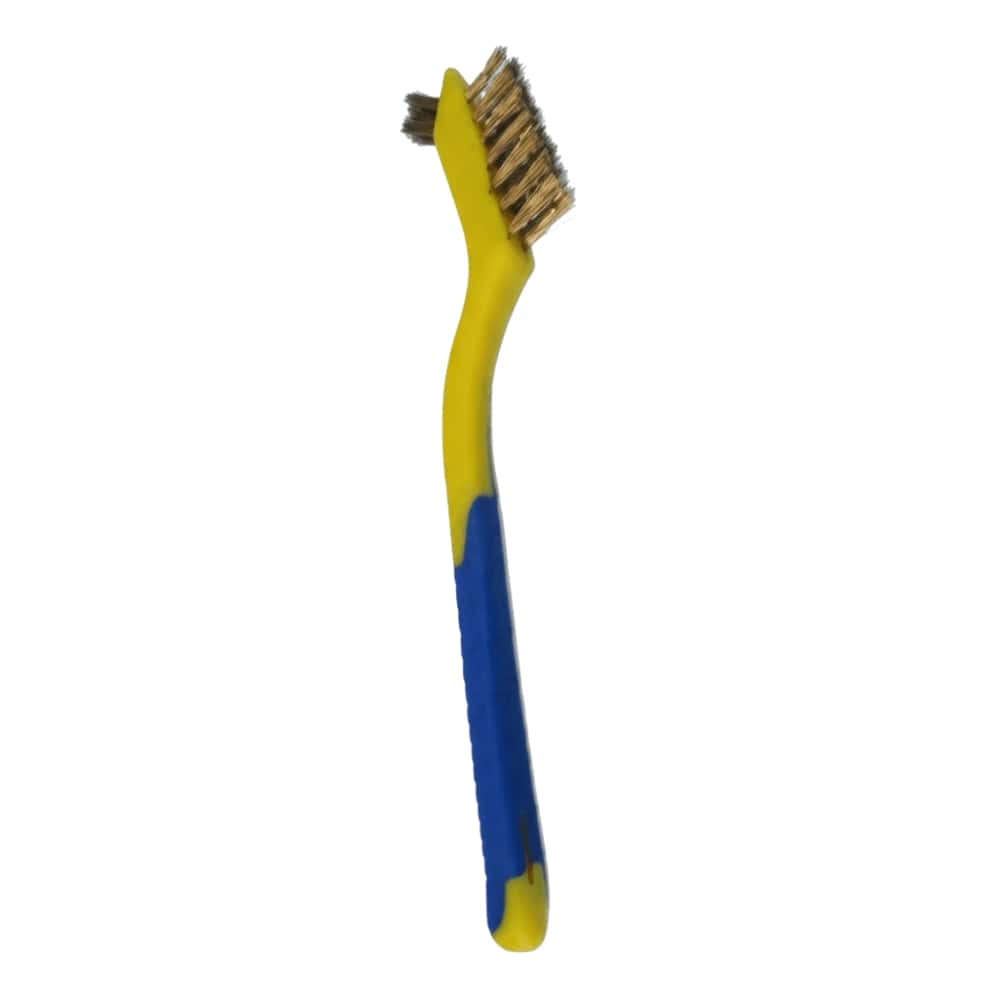 Bristle Brush, Brass, Tooth Brush Style, with Small Horn, Yellow/Blue, 7 inches