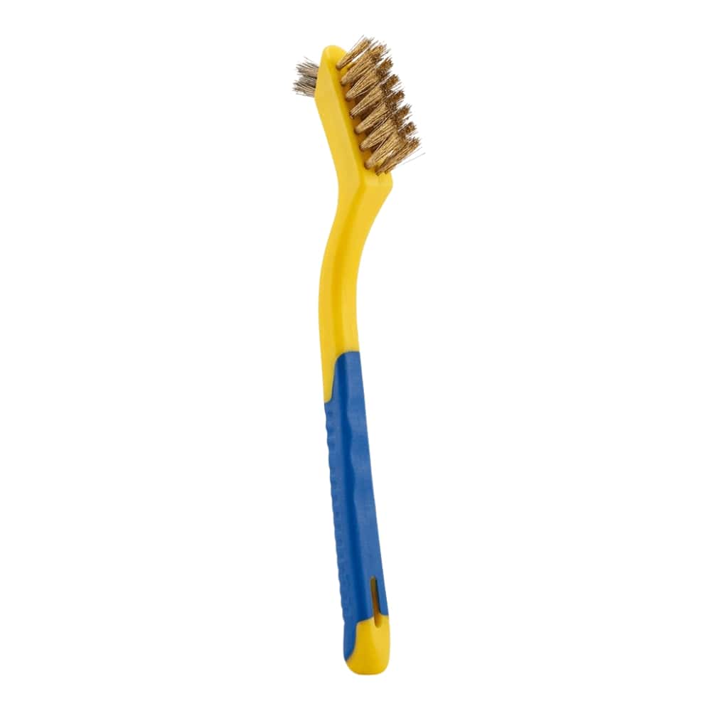Bristle Brush, Brass, Tooth Brush Style, with Small Horn, Yellow/Blue, 7 inches