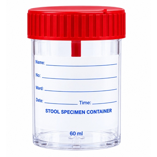 [MD-2/1-CLEAR-RED] علبة عينة براز للاستخدام مرة واحدة بغطاء، لجمع العينات المخبرية، شفاف/أحمر، 60 مل
